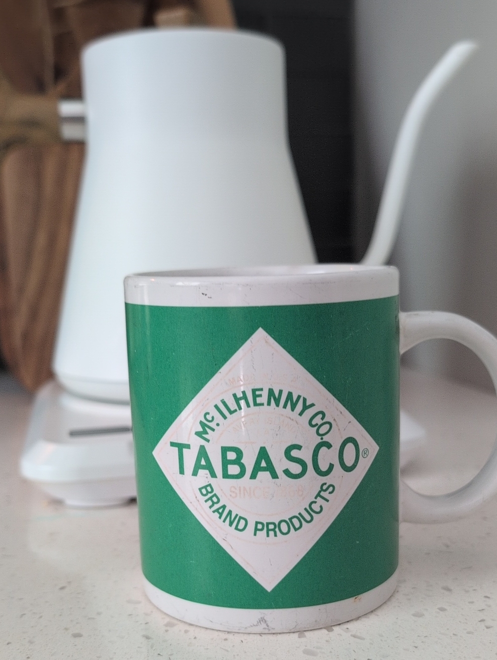 Vintage Tabasco Mcilhenny Green and White Logo Ceramic Coffee Mug Well Loved